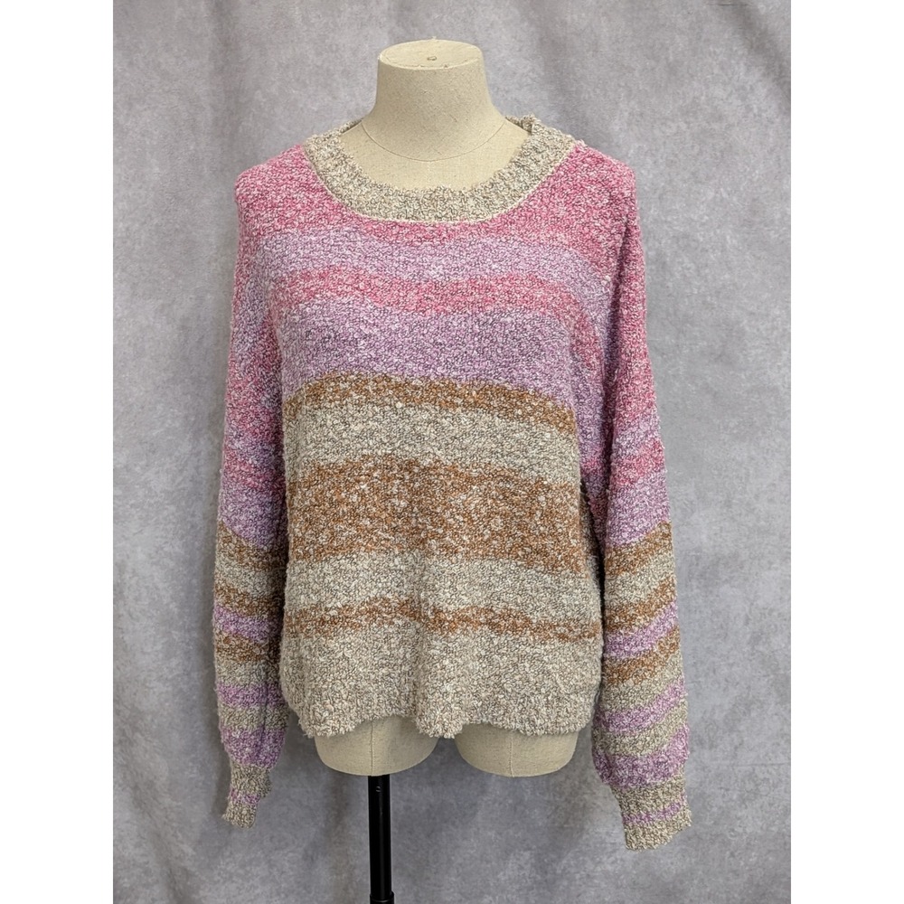 Lumiere Womens Pink Purple Tan Striped Boucle Knit Crew Neck Sweater Size M-C258